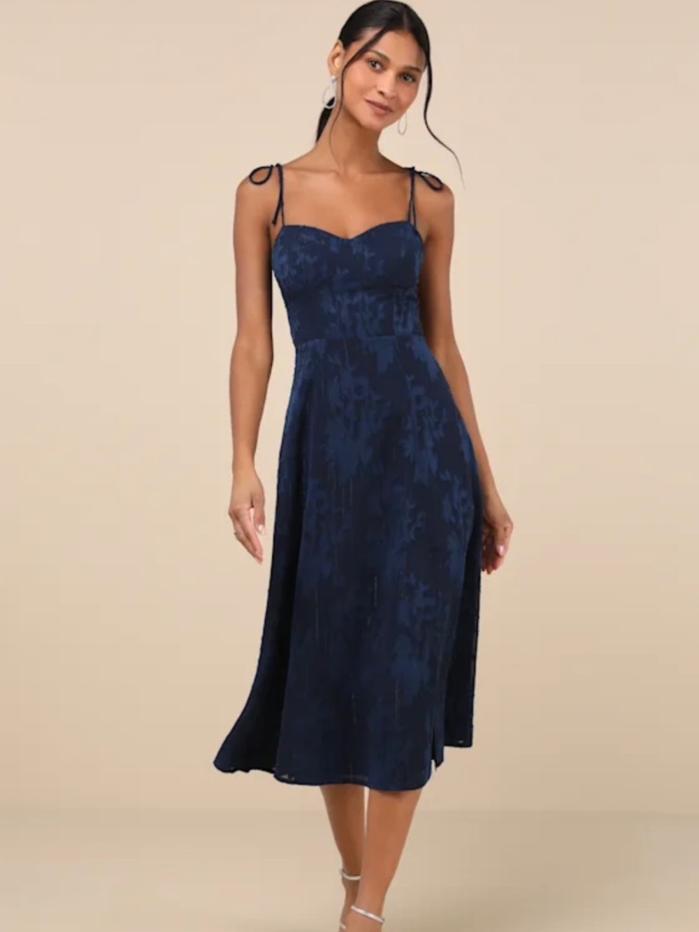 Lulus Loveliest Looks Navy Blue Floral Jacquard Tie-strap Midi Dress - Size XS